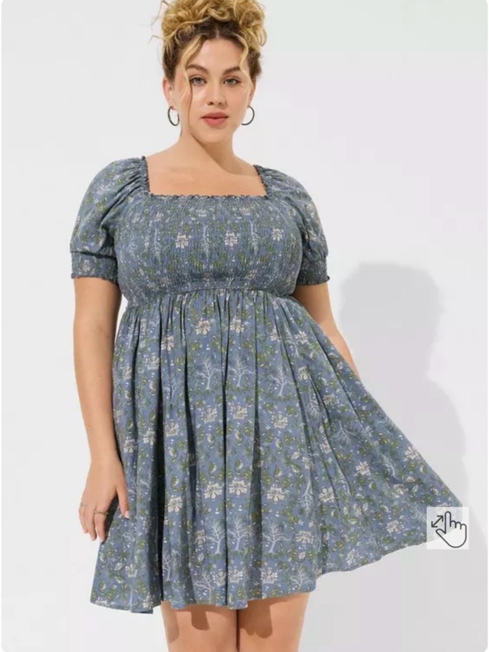 Outlander by Torrid Blue Floral Smocked Square-Neck Mini Dress with Puff Sleeves